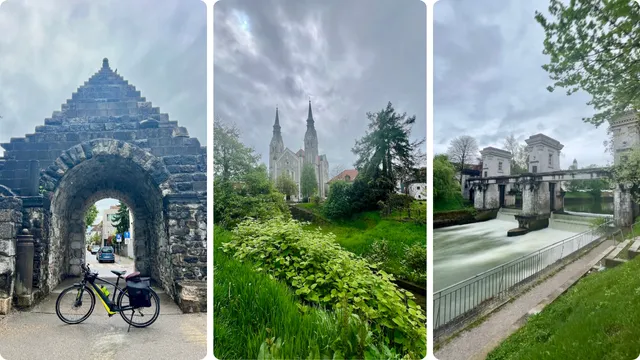Lijevo: vrata kroz rimski zid, Sredina: Trnovska crkva, Desno: Zapornica (slovenski) na Ljubljanici