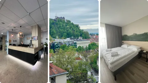 Lijevo: recepcija, Sredina: pogled na stari grad, Desno: moderno i jednostavno uređene sobe