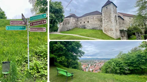 Lijevo: putokazi na putu za gore, Gore: pogled na stari grad, Desno: pogled prema gradu