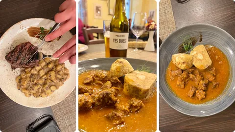 Lijevo: klasičan steak, Sredina i desno: gulaš s okruglicama od kruha