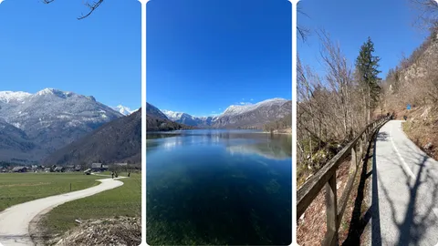 Lijevo: vijuganje po dolini, Sredina: u Ribčevom Lazu se “dodiruju” Bohinjska kolesarska pot i Bohinjsko jezero, Desno: ima i malo uspona