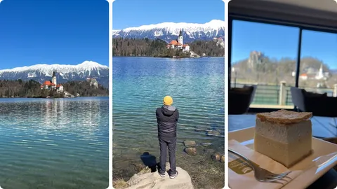 Lijevo i sredina: pogled na jezero i Blejski otok s foto točke, Desno: Blejska kremšnita