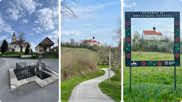 Lijevo: izvor u Hrastovici, Sredina: cestica prema crkvi, Desno: pozdrav iz Hrvatskog Čuntića
