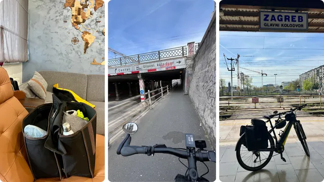 Lijevo: pakiranje, Sredina: na putu do kolodvora, Desno: kako prijeći preko ove ograde?