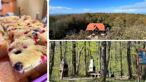 Lijevo: prefini kolač, Gore: pogled na planinarski dom s vidikovca, Dolje: može se i roštiljati
