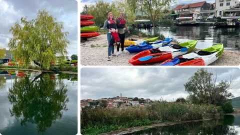 Lijevo: igra svjetlosti iz kajaka, Gore: mlada i ambiciozna ekipa, Dolje: pogled iz kajaka na Vid
