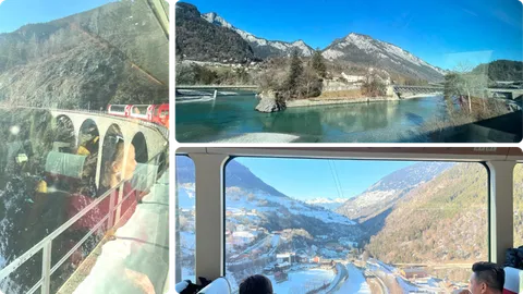 Lijevo: na Landwasser viaduktu, Gore i dolje: kroz panoramske prozore stalno neke nove “razglednice”