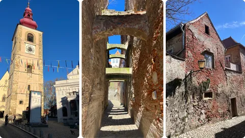 Lijevo: gradski toranj/zvonik, Sredina i desno: gradske ulice