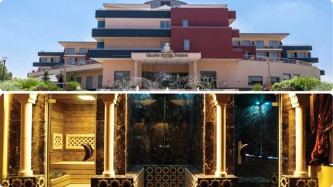 Gore: pogled na hotel, Dolje: saune Flavia