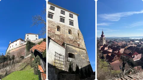 Lijevo i sredina: pogled na dvorac, Desno: pogled na crvene gradske krovove s platoa ispred dvorca