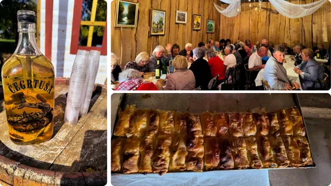 Lijevo: rakija Čegrtuša, Gore: u saloonu je živahno, Dolje: domaća štrudla za prste polizat