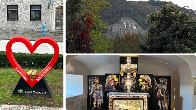 Lijevo: srce u centru Klanjca, Gore: mural Klanječki velikani, Dolje: spektakularni stakleni oltar u klanječkoj crkvi