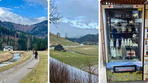 Lijevo: biciklom u razgledavanje, Sredina: cesta prema Austriji, Desno: Domače dobrote (OPGmat)