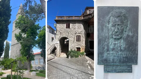 Lijevo: crkva, Sredina: uličice Dobrinja, Desno: Galerija Infeld